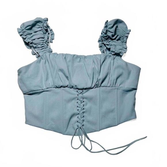 Kendall & Kylie Tops - Kendall + Kylie Ruffle Sleeve Corset Top Blue Front Tie Crop Medium #Coquette